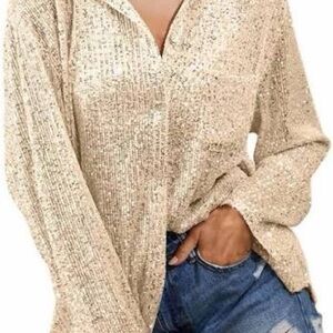 Elegant Beige Sequin Women's Blouse
